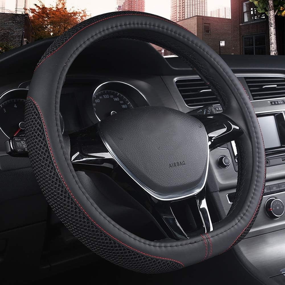 TTJZ Car Steering Wheel Cover D-Shaped Leather Breathable Mesh Anti-Skid Wheel Protector 15In/38Cm, Suitable for Car/SUV,Black