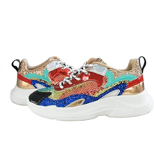 LUCKY STEP Women's Glitter Flat Shoes Sequin Casual Shoes with Mirror Metallic Upper and Ribbon Laces