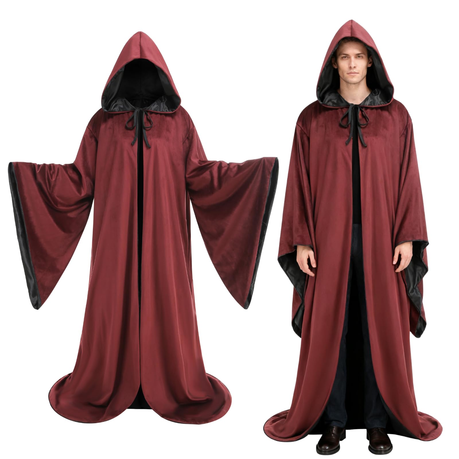 Reversible Adult Wizard Robe with Satin & Dutch Velvet Fabric，Double Sided Style Medieval Hooded Wizard Costume, Flare Sleeve Style Magician's Outfit of the Halloween and St.Patrick's Day（Red,150cm）