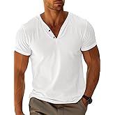 Runcati Mens Casual T Shirts Short Sleeve V Neck Linen Henley Shirt Button Basic Fashion Summer Beach Tee Tops