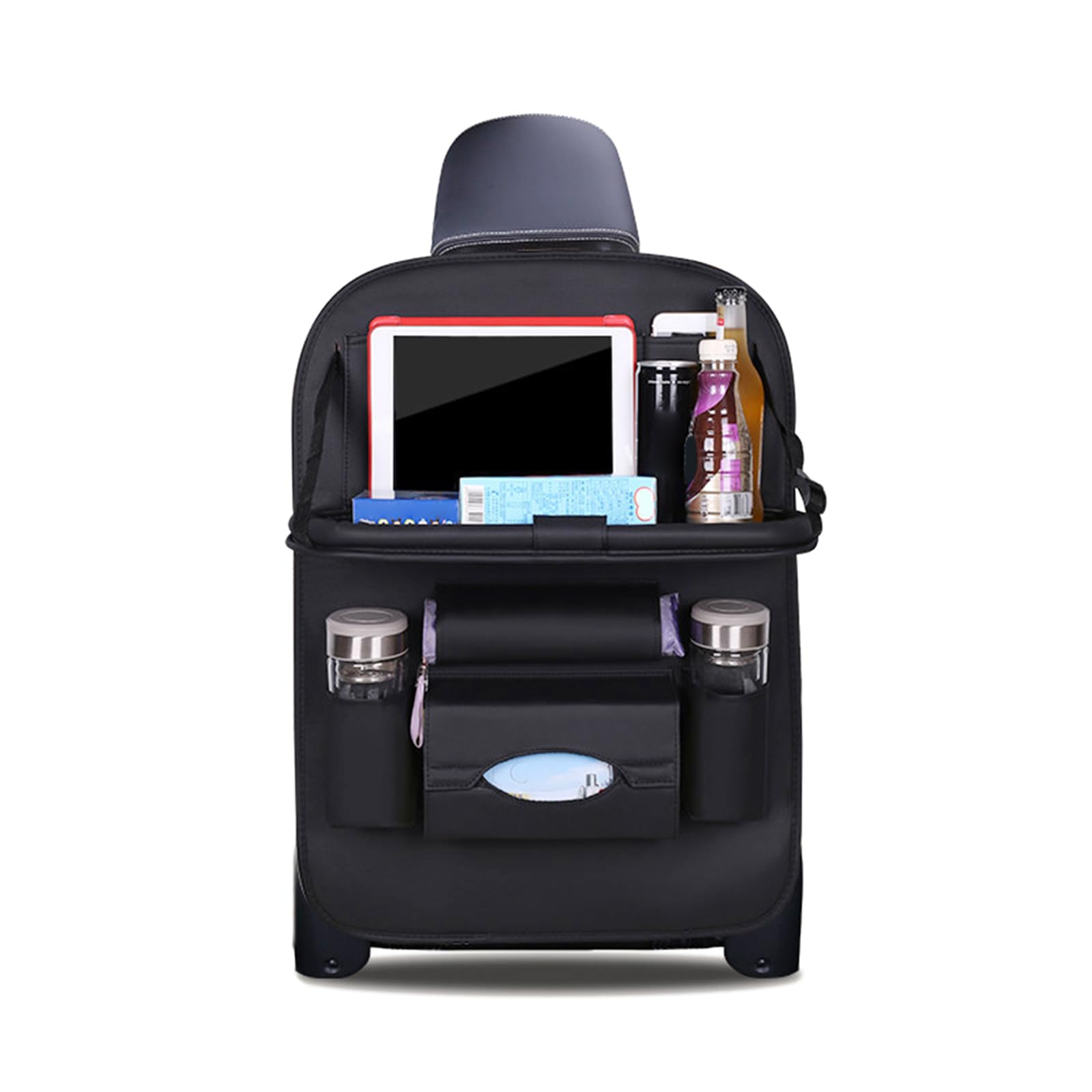 Ergocar Car Back Seat Organiser Kick Mats Luxury PU Leather with Foldable Tablet Holder Car Organisers Car Storage Multi-Function Back Seat Protector for Long Trip and Family (Black - 1 Pack)