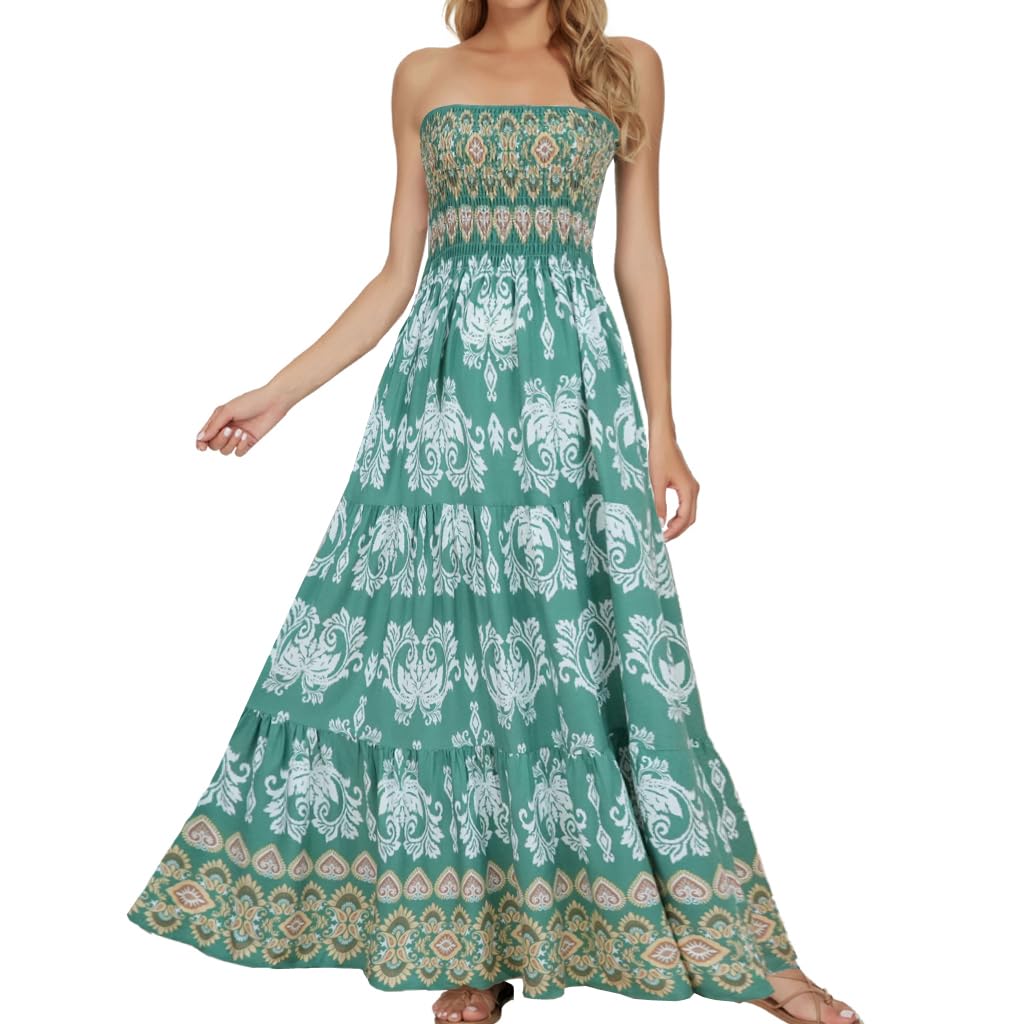 Photo 1 of (MEDIUM) (BAGGED) Timathous Women's Summer Strapless Tube Top Maxi Dresses Off Shoulder Boho Beach Long Dress (109-Green White Flowers-M)