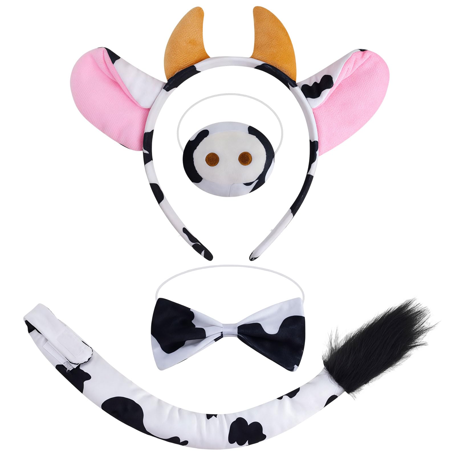 MUNSKT 4 Piece Animal Cow Costume Set Cow Nose and Tail Set with Ears Headband Bowtie Halloween Cosplay Animal Costume Birthday Carnival Fancy Dress Up Party Supplies