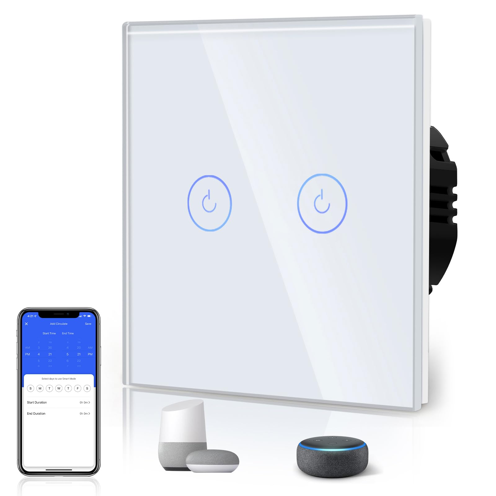 BSEED Smart Light Switch,Touch Switches for Lights,Glass Panel with Backlit,Works with Alexa & Google Assistant,Neutral Wire Required,2 Gang 1 Way,86mm White