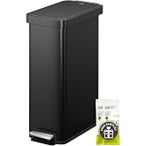 EKO Hudson Slim 50L / 13.2 Gallon Kitchen Trash Can with Lid, Stainless Steel Step Garbage Can for Kitchen or Home, Space-Saving Garbage Can with Soft Close Lid, Stay-Open, Liner Ring, Matte Black