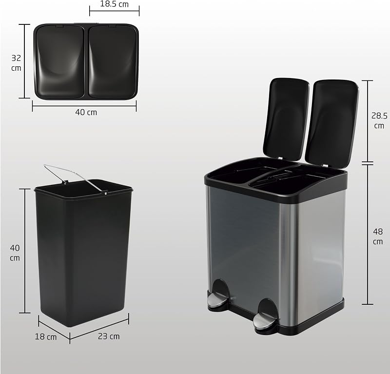 Amig - lixeira dupla com pedais | lixeira anti-impressão digital para cozinha | aço inoxidável | 2 compartimentos x 15 l | 48x32x40cm | prata
