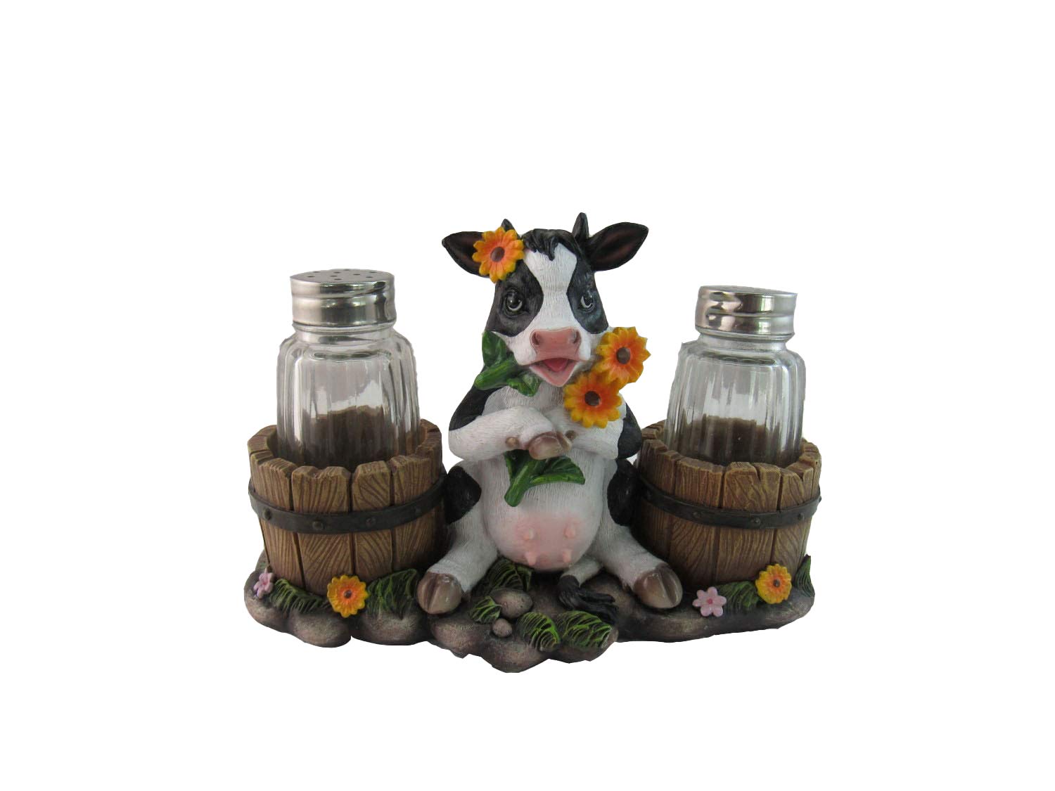 Sunflower Cow Country Decorative Glass Salt Pepper Shakers Holder Resin Figurine