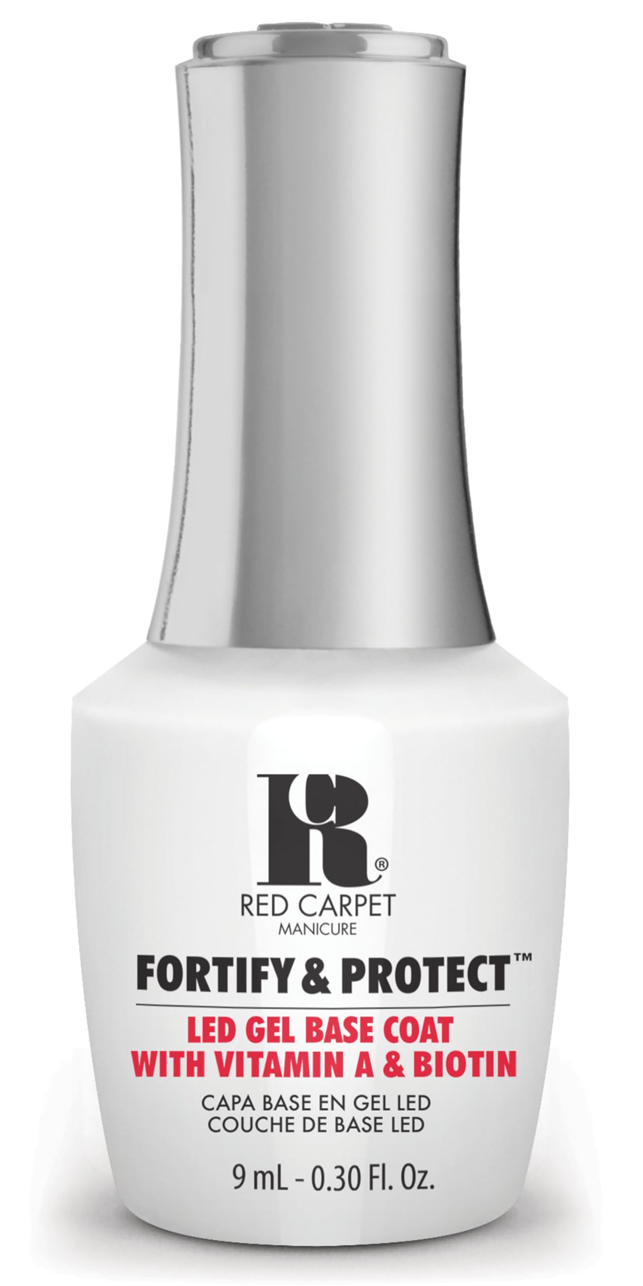 Red Carpet Manicure Fortify & Protect LED Gel Base Coat, Soak-Off Nail Strengthener for Weak Nails, Combats Brittleness, Infused with Vitamin A & Biotin, Long-Lasting Base Coat Gel Polish, 9ml