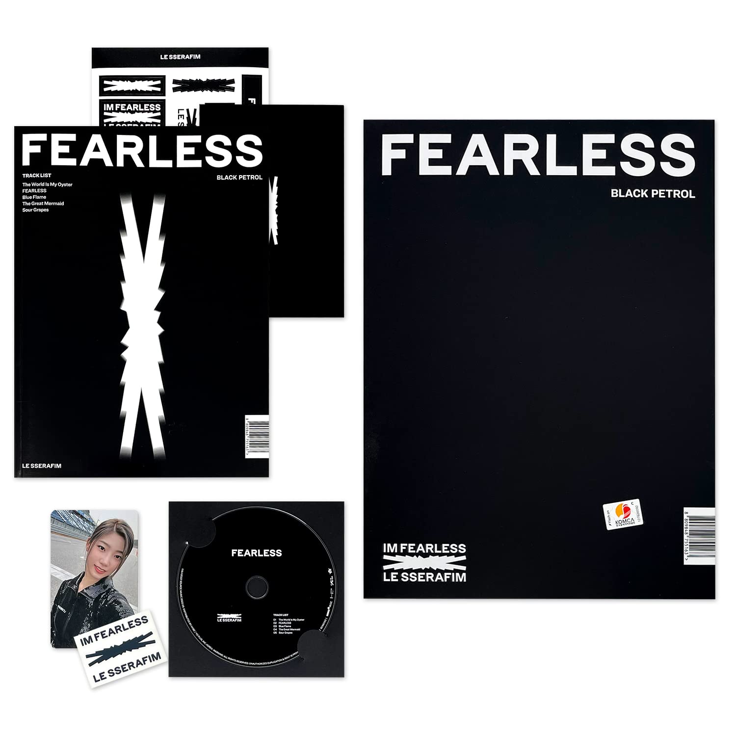 LE SSERAFIM - 1st Mini Album [FEARLESS] (VoL.1 BLACK PETROL ver.) Booklet + CD + Photocard + Postcard + Sticker + Transfer Paper + 2 Pin Button Badges + 4 Extra Photocards