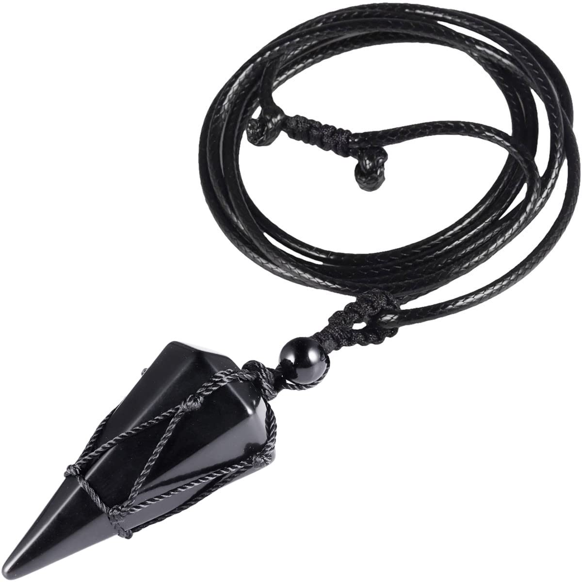 KYEYGWO Hexagonal Crystal Pendant with Adjustable Leather Cord, Polished Pointed Quartz Stone Healing Necklace Reiki Pendulum Chain, Obsidian