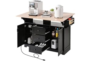 Ceecysaa Kitchen Island with Drop Leaf, Rolling Kitchen Cart on 5 Wheels with Power Outlet, Folding Island Table with Spice &