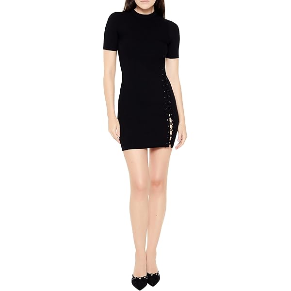 Forever 21 Ribbed Knit Mini Sweater Dress Black Small at Amazon Women's  Clothing store