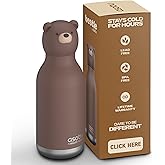 asobu Bestie Bottle Insulated Stainless Steel Water Bottle with Detachable Soft Animal Head Fun Drinking For Kids and Teens with Flexible Reusable Straw 16 Ounce (Brown Bear)