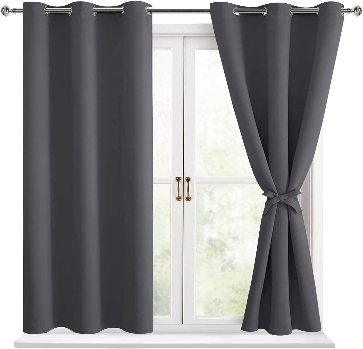 Window Treatments - Hiasan Short Blackout Curtains for Bedroom - Thermal Insulated & Light Blocking Window Curtains for Living Room, 2 Drape Panels Sewn with Tiebacks, Dark Grey, 42 x 45 Inch