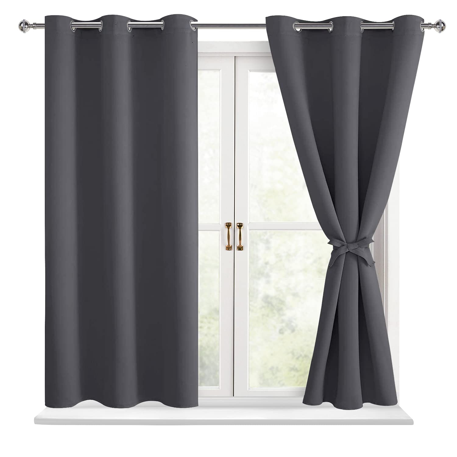Photo 1 of Hiasan Blackout Curtains for Bedroom - Thermal Insulated & Light Blocking Window Curtains for Living Room, 2 Drape Panels Sewn with Tiebacks, Dark Grey, 42 x 54 Inch