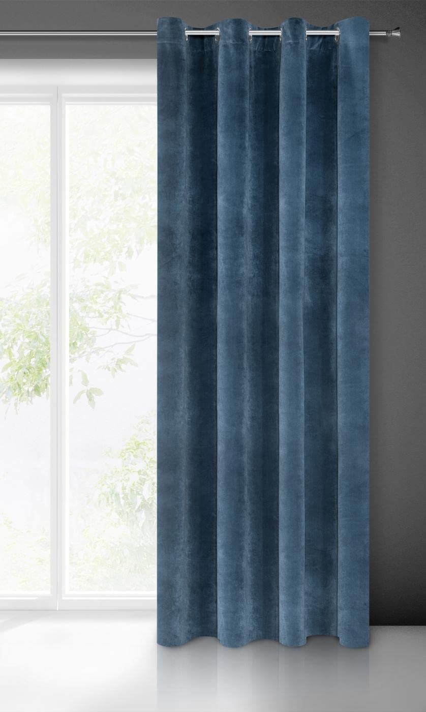 Eurofirany VILLA Soft Plain Opaque Velvet Curtain with Eyelets - 1 Unit, Fluffy Panel Drape Classic Glamour Elegant Living Room, Bedroom, 290 g/m2, W55 x L98, Navy