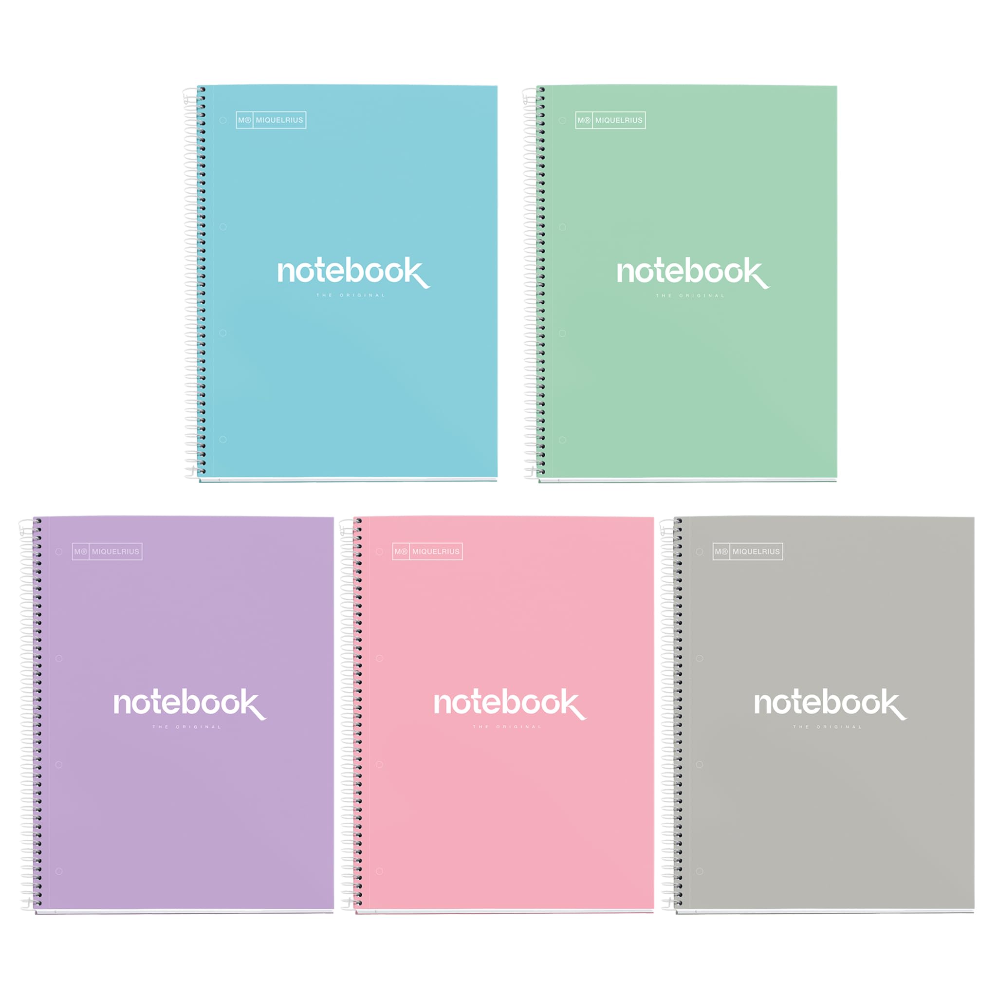 Miquelrius - Pack of 5 A4 Notebooks, Emotions Pastels Notebook, 80 Sheets 90 g/m², Squared 5 mm Notebooks, Hard Cover and Spiral, 4 Drills, Ideal for Back to School or Office