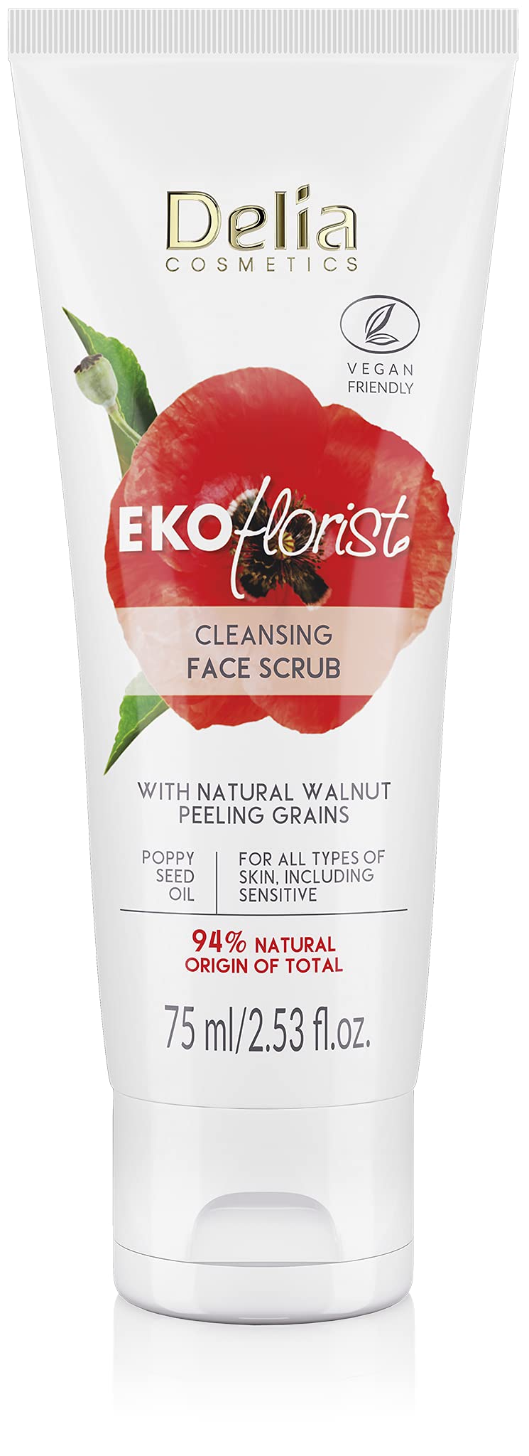 Delia Cosmetics - EKOflorist - Cleansing Scrub - Vegan Peeling, Natural Cosmetic with Walnut Particles - for All Skin Types - Cleanses, Smoothes, Removes Dead Skin - 75ml