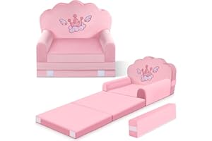 LAAPEE Crown Kids Sofa Bed with Removable Washable Cover & Magic-Tape Backrest – Foldable Toddler Chair, Cozy Crystal Velvet Furniture for Playtime, Naps & Travel(Light Pink, Crown)