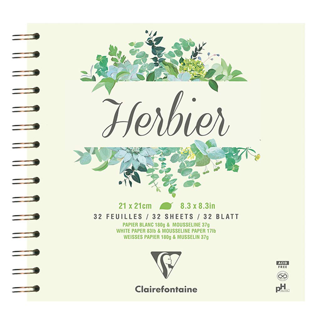 Clairefontaine - Ref 975178C - Graphic Arts Herbarium Wirebound Pad (32 Sheets) - 21 x 21cm in Size, 180gsm White Paper with 37gsm Mousseline Paper Dividers