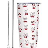 XUNNEECY Cute Cherry Tumbler 20 oz Coquette Bow Mug with Lid and Straw Red Bows Coffee Cup Bowknot Travel Tumblers for Gym Hiking Valentines Water Bottle Valentine's Day Birthday Presents for Women