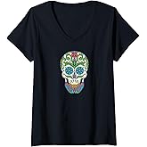 Womens Sugar Skull Calavera V-Neck T-Shirt