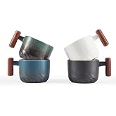 CLASGLAZ 2.5oz Ceramic Espresso Cups with Wooden Handle, Small Coffee Cups Double Shot Espresso Cups Set of 4