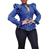 ECHOINE Women Casual Denim Jacket - Long Sleeve Zip Ruffle Shoulder Jean Jackets Peplum Coat Plus Size