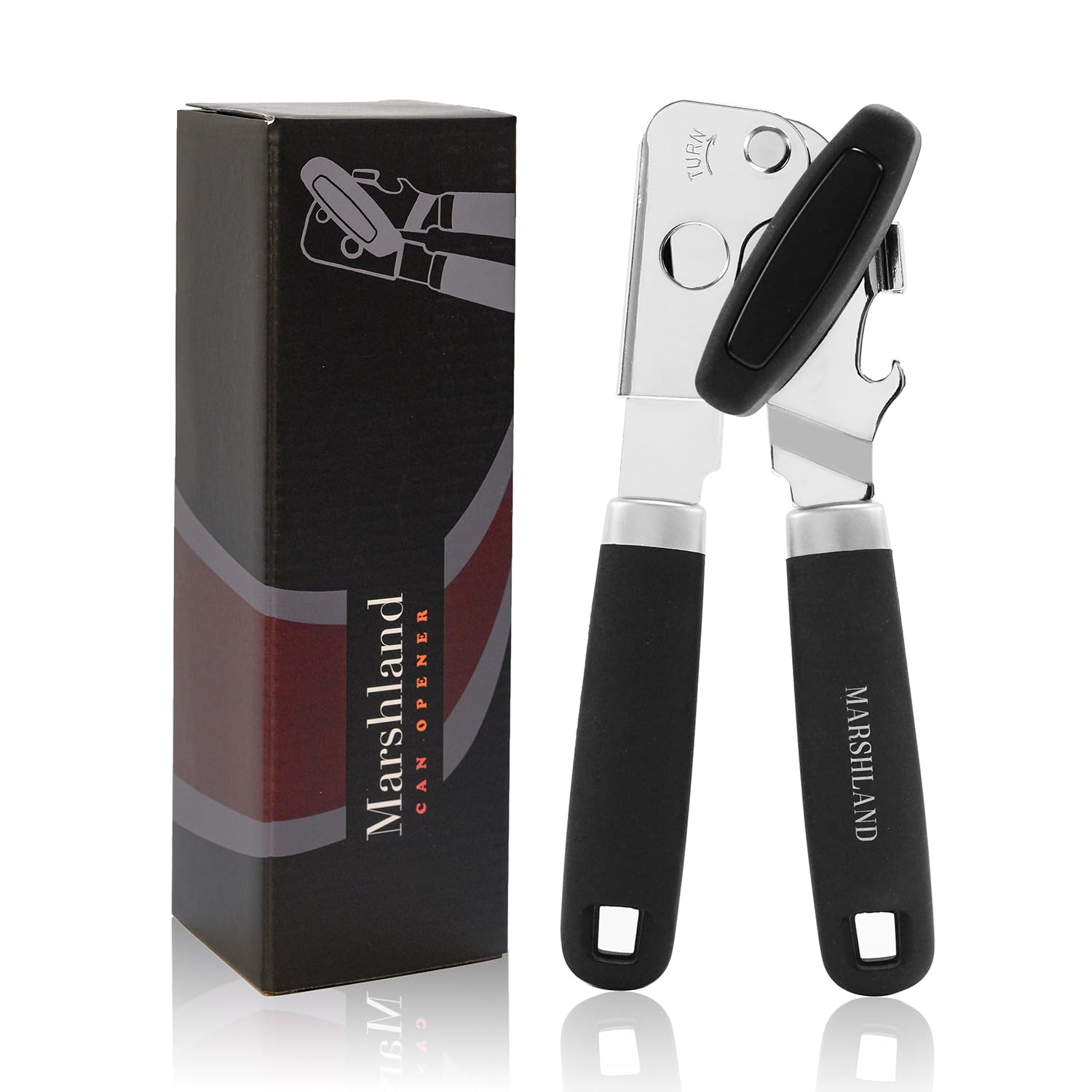Marshland Tin Opener UK - Stainless Steel Soft Handled Manual-Magnetic Heavy Duty Can Opener that Works for Arthritis Hands – Black