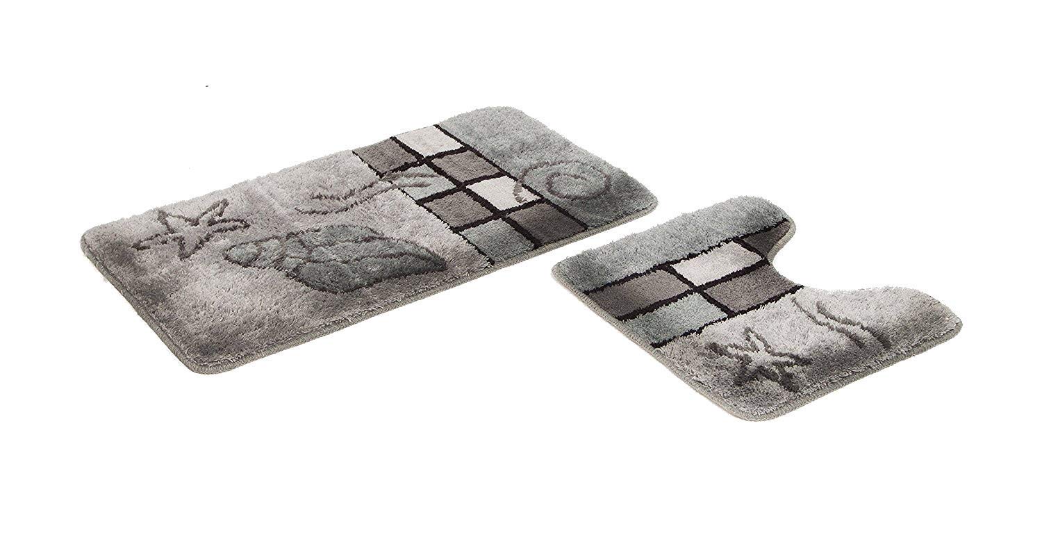 S&S-Shop Hamburg Bath Mat Set Grey 2 Pieces with Cut-Out Non-Slip Toilet Mat 50 x 45 cm Bath Mat 50 x 90 cm Bath Mat Carpet Bathroom Bathroom