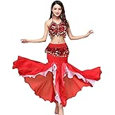 ORIDOOR Women's Belly Dance Dress Belly Crop Top Bra Top and Belt Chiffon Dancing Split Skirt Costume 3-Piece Outfit