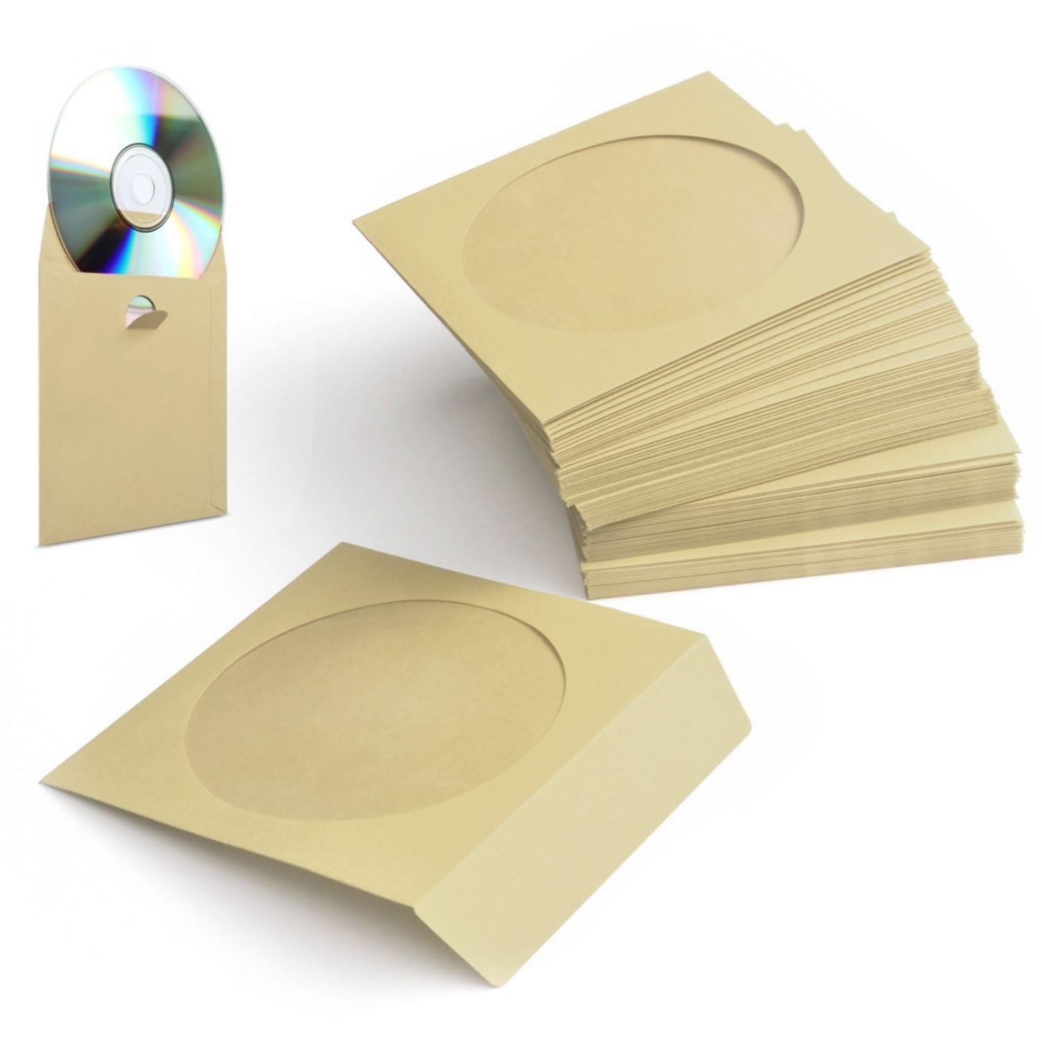 Flexzion DVD CD Sleeves 100 Pack - Premium Paper CD Sleeves for Blank CDs for Burning Music Movie Video Game Disc - Thick Disc Sleeve CD Envelopes Storage with Window Cutout and Flap, Beige