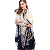 DANA XU 100% Merino Wool Extra Large Pashmina Shawl for Women | 96"x43" Oversized Wrap with Handmade Tassels, Lightweight Floral Travel Blanket Cape for Evening Dress