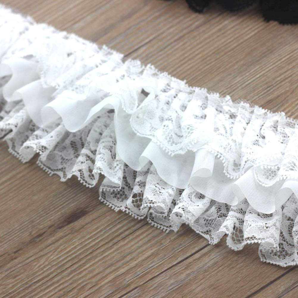 POHOVE Lace Ribbon 3 Yard Sewing Accessories Decoration Professional Trim Trimming Skirt Handmade DIY Craft Flower Ruffle Collar Pleated Garment(White)