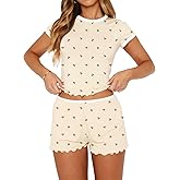 Lacozy Womens Pajama Sets 2 Piece Cute Graphic Pj Sets Short Sleeve Crop Top and Shorts Y2k Soft Lounge Sets Summer