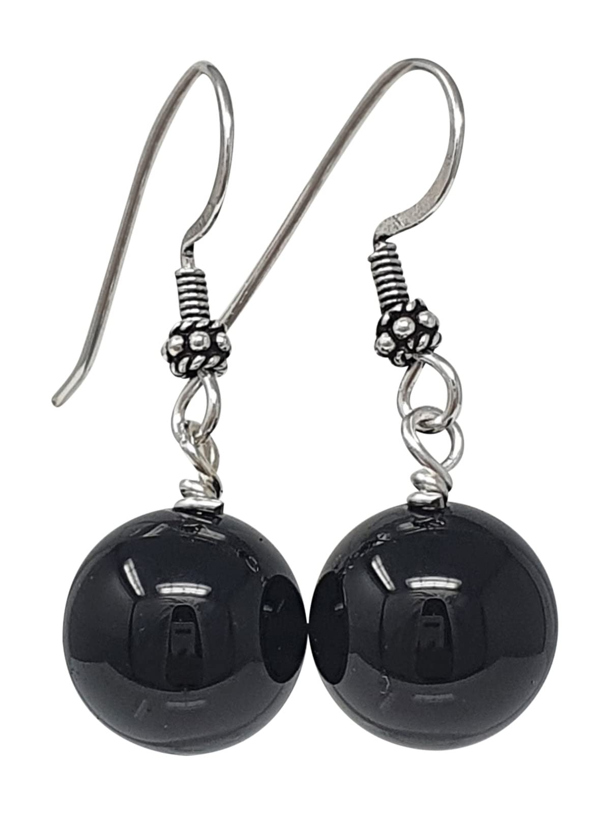 TreasureBay Classic 14mm Agate Gemstone Dangle Earrings, Womens Pierced Earrings Ball Earrings 925 Sterling Silver Hook (Black)