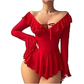 OYOANGLE Women's 2 Piece Off Shoulder Long Sleeve Ruffle Mesh Sheer Nightgowns with Thongs Babydoll Lingerie Set