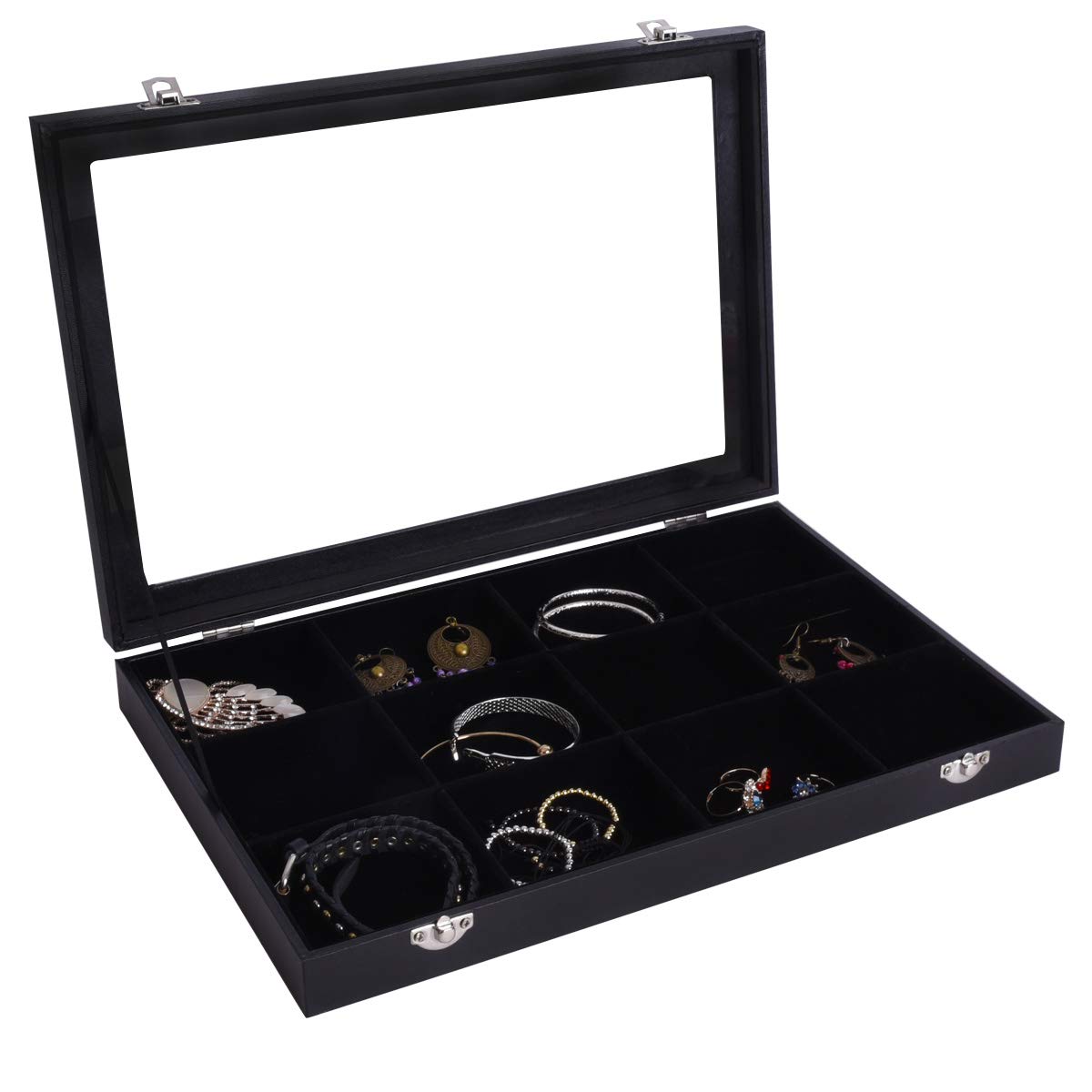 AUTOARK Velvet Clear Lid 12 Grid Jewelry Box Showcase Display Organizer,Black,AJ-082