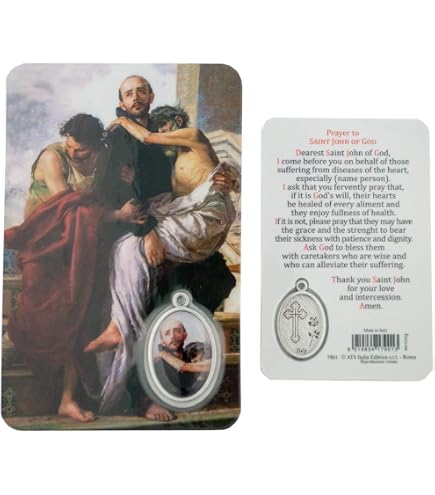 Saint John Of God Medal & Prayer Card Set - 1 Inch Oxidized Pendant, Patron Saint Of Heart Disease - View #10