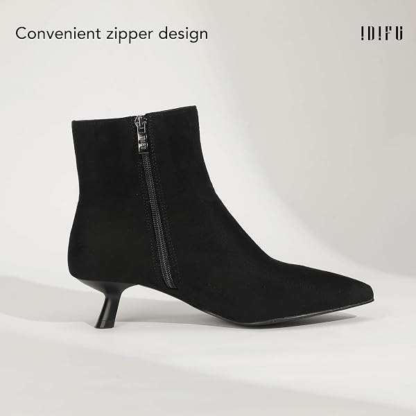 IDIFU BLACK ANKLE BOOTS FOR WOMEN LOW SHORT KITTEN HEEL BOOTIES DETACHABLE METAL STRAP ZIPPER CLOSED POINTED TOE FALL LADIES BOOTIES CUTE TRENDY STYLISH FASHION DRESSY BOOTS(BLACK SUEDE, 9.5)