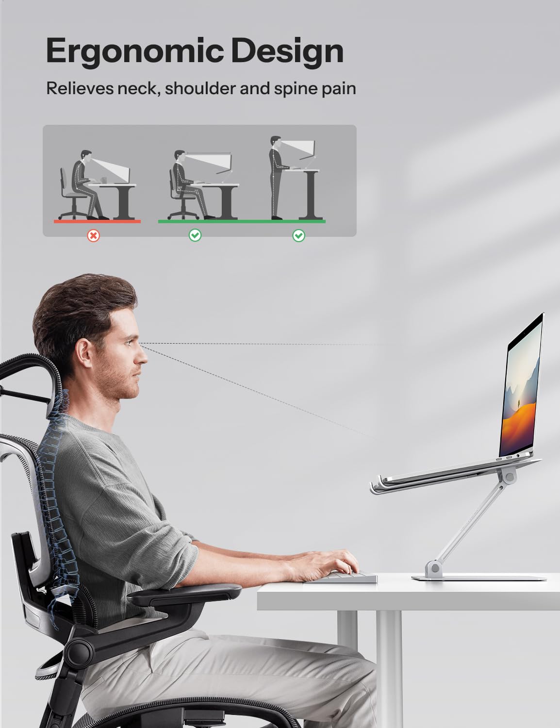 OMOTON Laptop Stand for Desk, Ergonomic Adjustable Computer Stand Aluminum Portable Desktop Laptop Riser Holder for MacBook Air Pro, Dell, HP and All Tablets Up to 15.6", Glossy Silver - Image 3