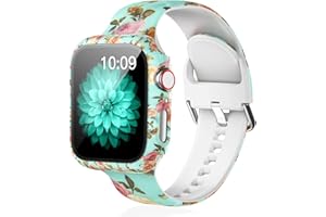 LKEITY Floral Printed Pattern Silicone Band with Case Cover Set Screen Protector Compatible for Apple Watch 45mm 44mm 42mm 41mm 40mm 38mm, Soft Sport Strap for iWatch Series 8 7 SE 6 5 4 3 2 1 Women