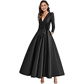 FVXBZV Satin Mother of The Bride Dresses for Wedding V Neck Long Sleeve Tea Length Formal Party Gown with Pockets