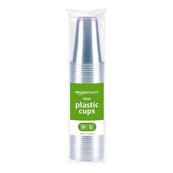 AMAZON BASICS DISPOSABLE CLEAR PLASTIC CUPS, 16OZ, 50 COUNT