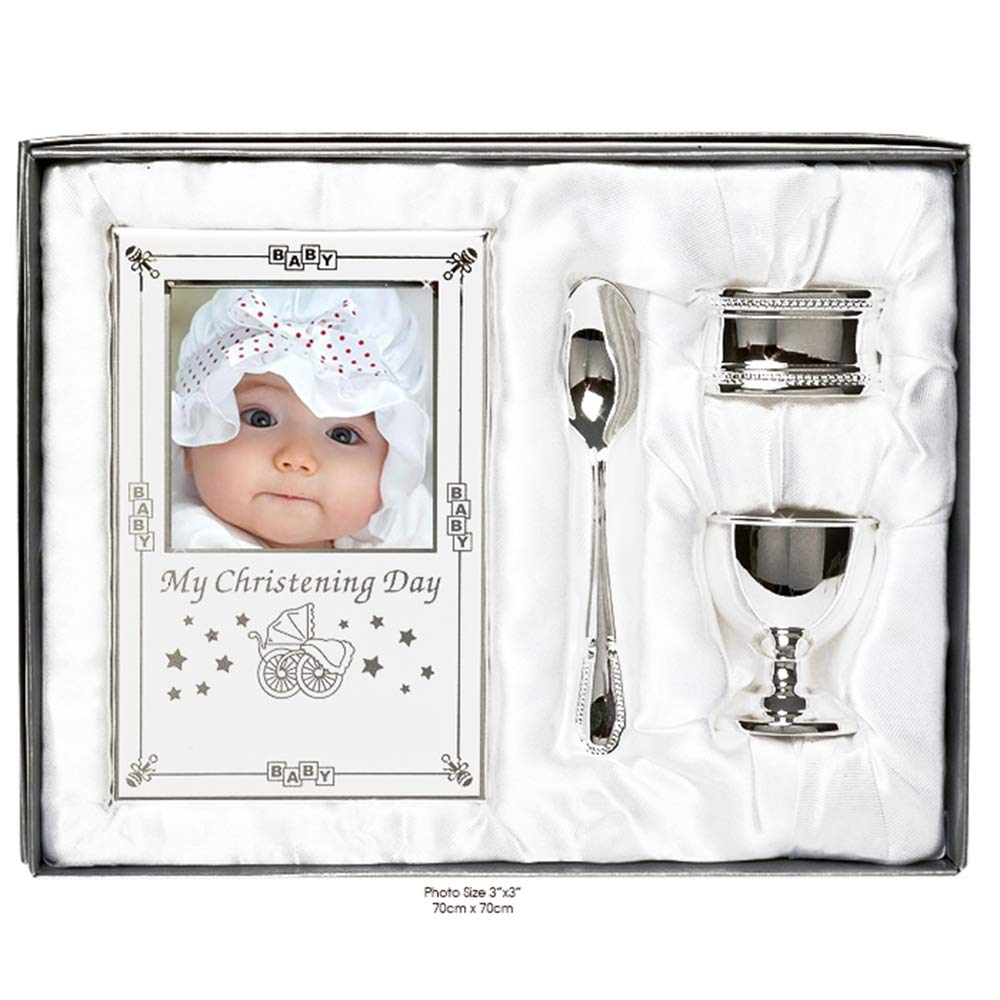 Beautiful Boxed Silver Plated Christening Day Gift Set - 4-Piece, Includes Egg Cup, Spoon, Baby Photo frame, Napkin Ring in Presentation Gift Box.