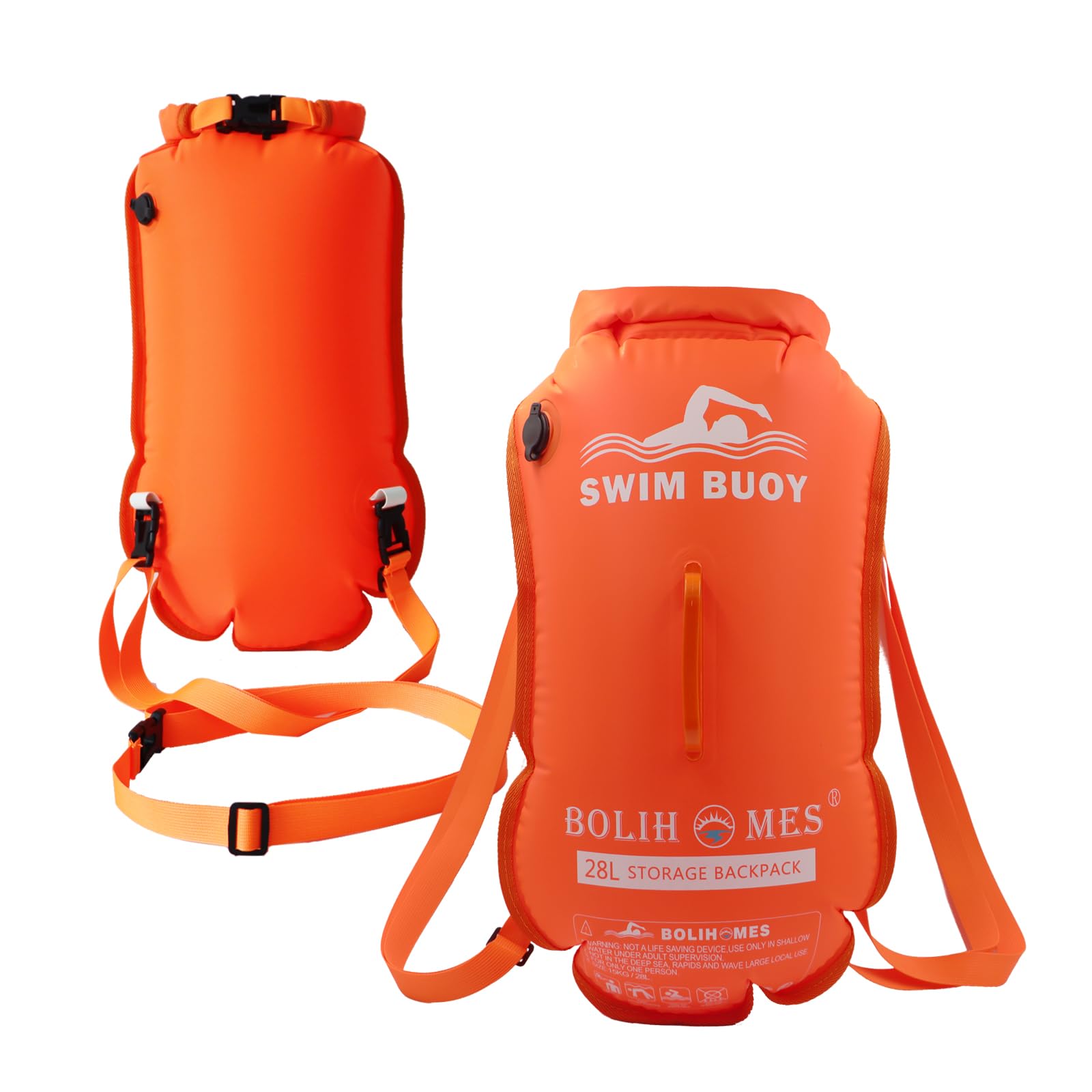 BOLIHOMES Swim Buoy Tow Floats, 28L Swimming Float Waterproof Dry Bag with Adjustable Waist Belt for Open Water Swimmers, Triathletes, Kayakers and Snorkelers, Highly Visible Buoy Float (Orange)