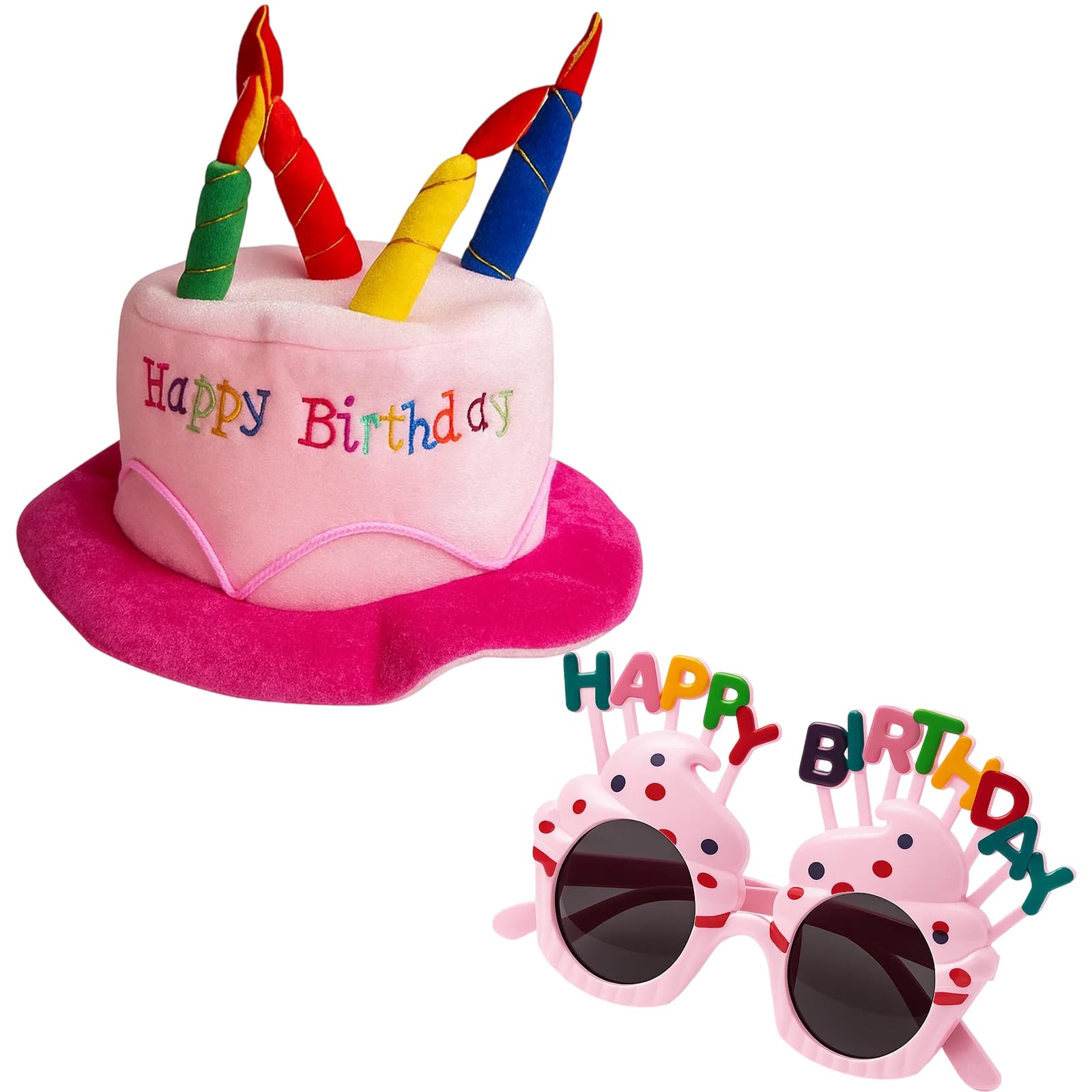 KFSCIP Birthday Hat, 2-Pack Pink Birthday Cake Hat with Happy Glasses, Party Hats for Adults, Fun Party Decorations for Celebrations, Photo Booth Props, Fits Head Size 58-60 cm