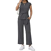 Casly Lamiit 2 Piece Set for Women Summer Casual Cap Sleeve Top with Belted Tie Crop Wide Leg Pants Travel Airport Outfit