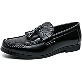 NELSBREX Men's Leather Tassel Decorated Low Heel Formal Loafers Retro Round Toe Printed Non-Slip Slip-On Business Flat Moccasin Shoes