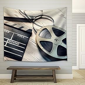 Film Camera Chalkboard and roll on Wooden Table - Fabric Wall Tapestry Home Decor - 51x60 inches